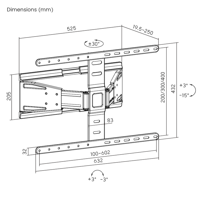 Wolff Mount Ultra flache Full Motion TV-Wandhalterung | Abstand 19,5 bis 250 mm | Dreh- und kippbar | VESA 600x400 | Universal