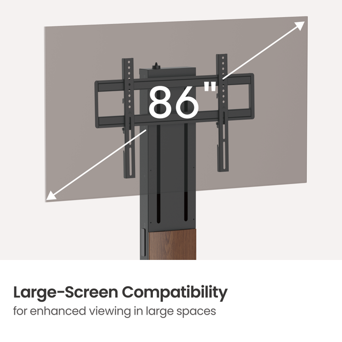 Wolff Mount – Freistehender Premium TV Bodenständer mit FreeLift™ – Höhenverstellbar mit einem Finger – Geeignet für TVs bis 86 Zoll – Extra großer massiver Fuß – Kabelmanagement – Schwarz/Nussbaum