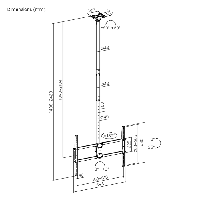 Wolff Mount Deckenhalterung für Samsung-Bildschirme von 50-100 Zoll – Superstabil und verstellbar